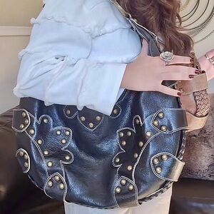 Isabella Fiore Black Leather Studded Bag with Gold Hardware